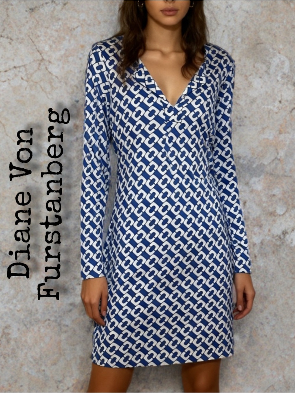 DIANE VON FURSTANBERG
 Blue & White Geometric Mini Dress